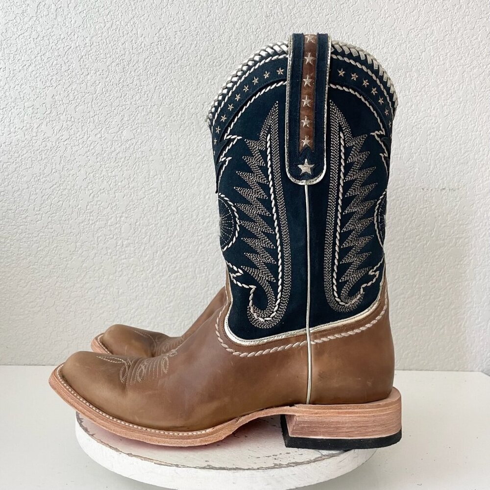 Lane Rodeo Houston Mens Cowboy Boots Brown Navy Square Toe 12.5" Size 12 - Picture 4 of 11